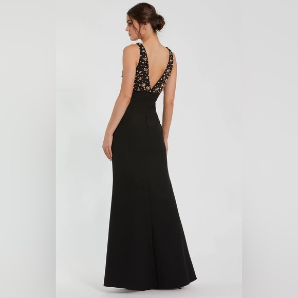 MAC DUGGAL Black Crepe Sleeveless Beaded Crystal Pearls V Neck Gown Bow NWT $458 - Picture 5 of 15